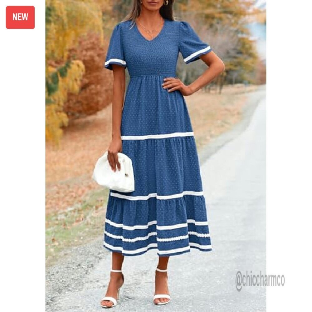 Women's Casual Maxi Dress Short Sleeve V Neck Smocked Flowy Beach - Picture 5 of 8